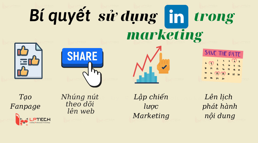 Alt: Hình ảnh minh họa các bước thực hiện chiến dịch LinkedIn Marketing, bao gồm tạo fanpage, chia sẻ trang, thiết lập chiến lược và lên lịch đăng bài.